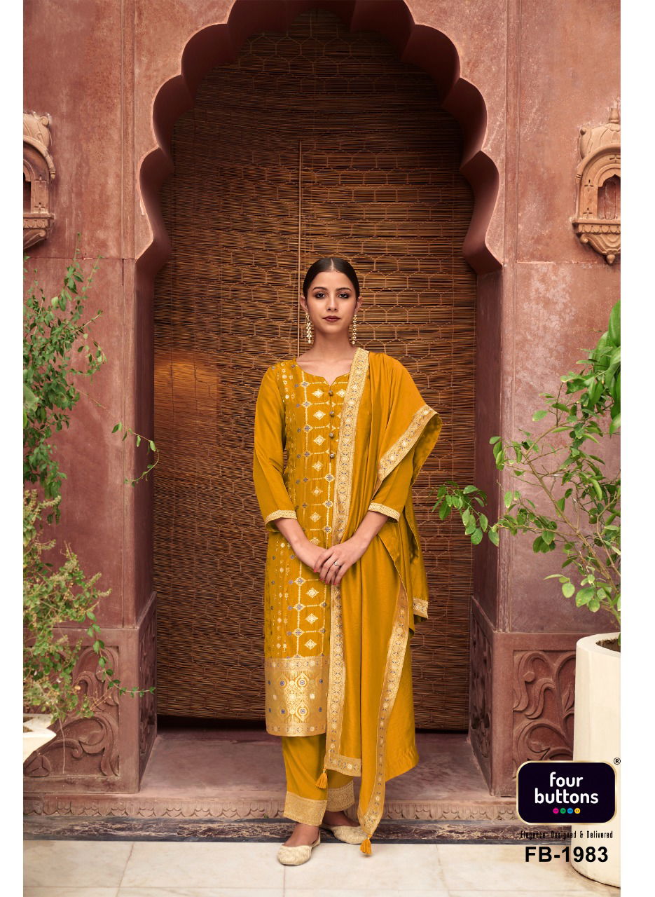 Four Buttons Banaras New Designer Exclusive Wear Ready Made Suit Collection